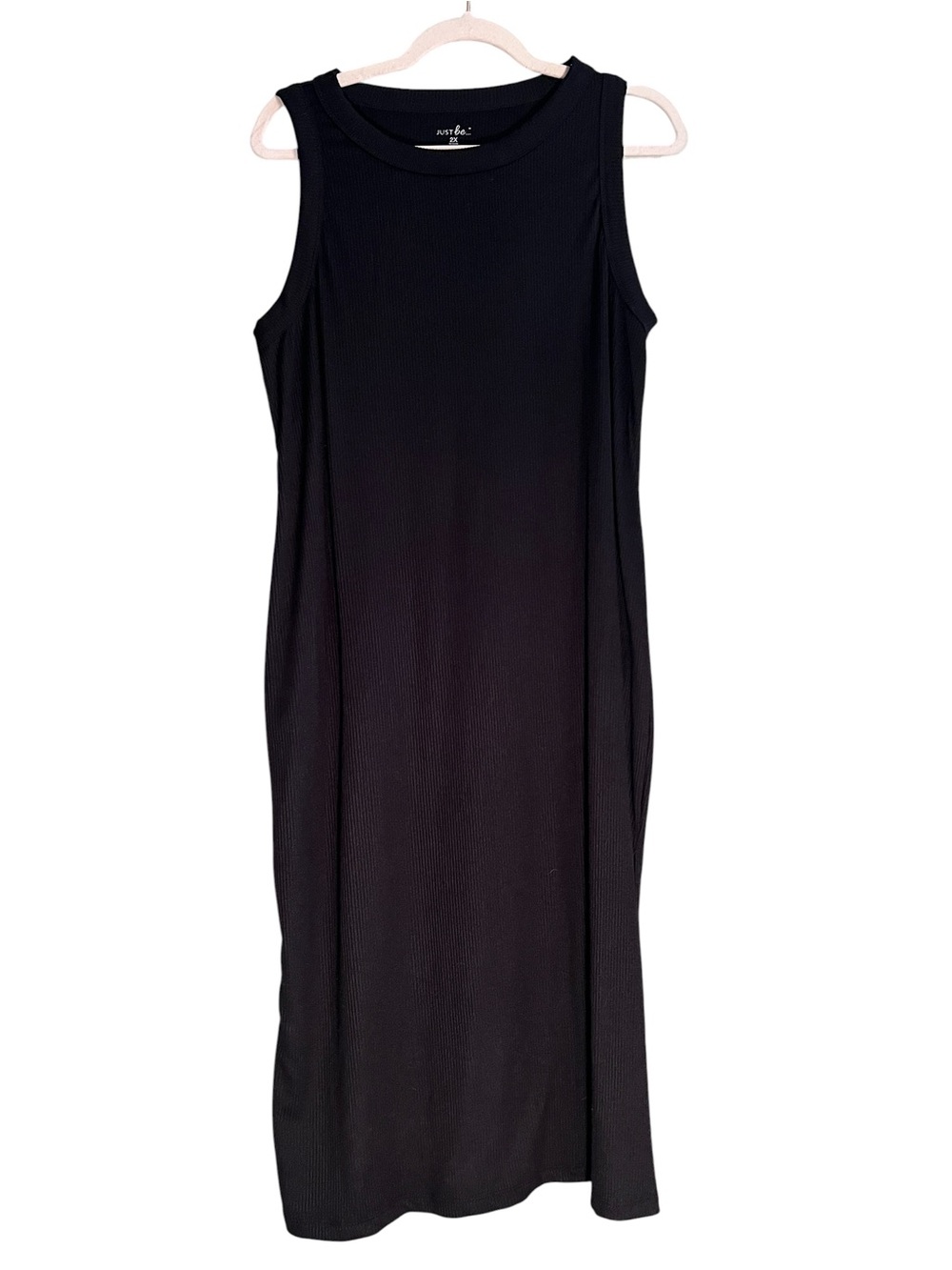 Just Be Womens 2X Black Ribbed Midi Dress Sleeveless Stretch Casual Plus